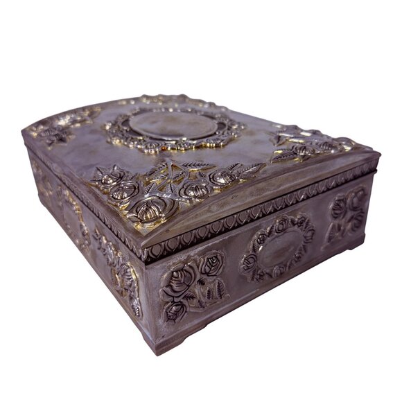 Vintage Godinger Silver Plate Jewelry Box with Roses and Red Velvet Interior - Picture 8 of 11